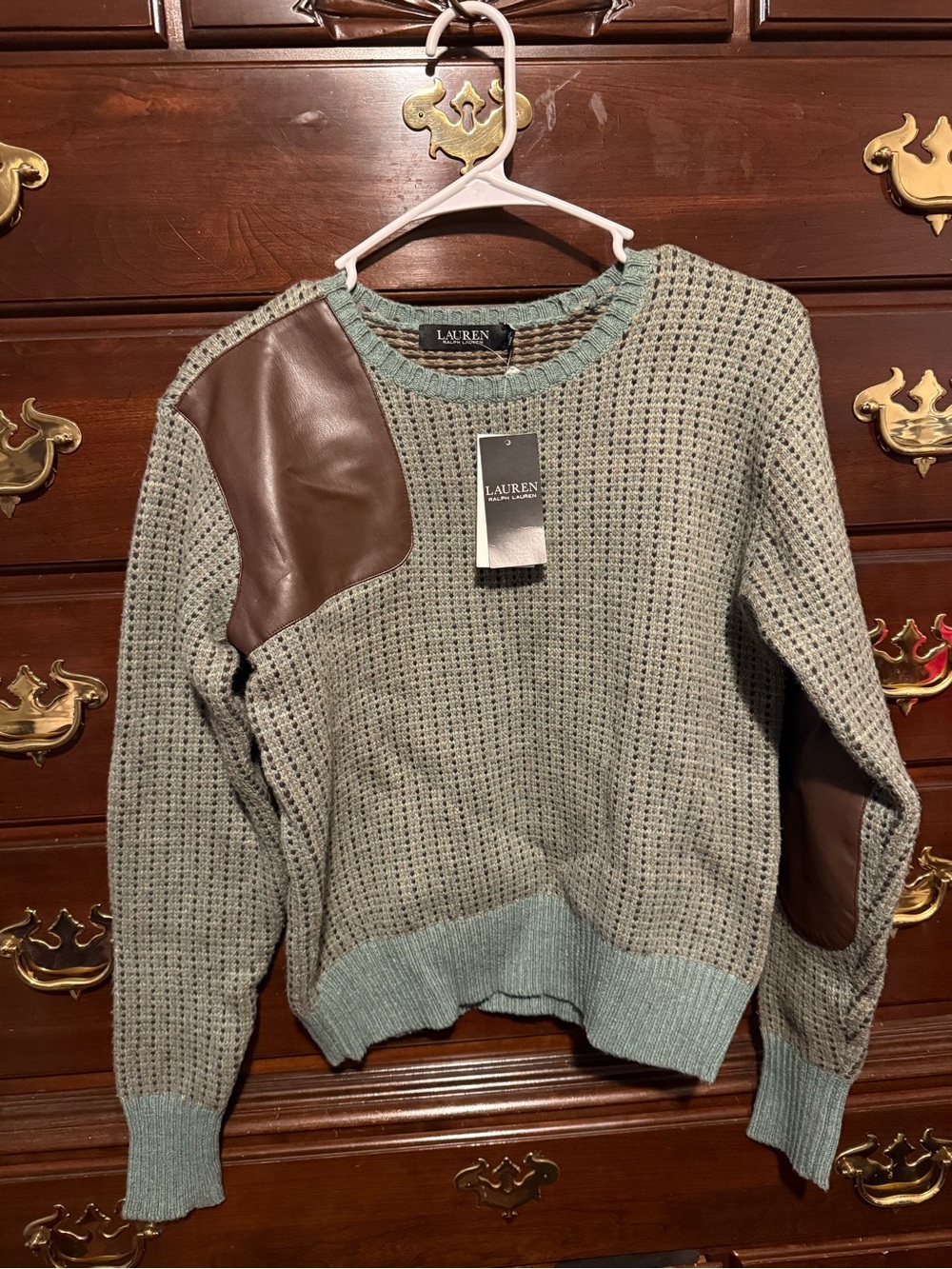 Ralph Lauren Women’s Faux Leather Trim Wool Blend Sweater Green Size XS NWT